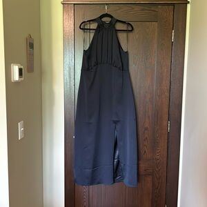 Navy blue satin evening dress